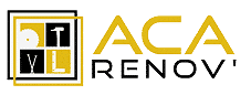 Logo ACA RenovT avec icônes d'outils et lettres DTVL dans un cadre jaune et blanc. Texte ACA jaune, RENOVᵀ gris.