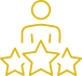 Icône jaune d'une personne stylisée avec trois étoiles en dessous, symbolisant une évaluation, un avis client ou une satisfaction.