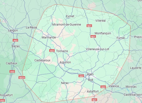 Carte délimitant une zone sud-ouest France, centrée sur Marmande, Agen, Villeneuve-sur-Lot. Villes et routes A62, A65, N21 visibles.