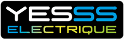 Logo YESSS ELECTRIQUE avec texte blanc/bleu et bleu/vert/jaune sur fond noir. Fournisseur de matériel électrique.