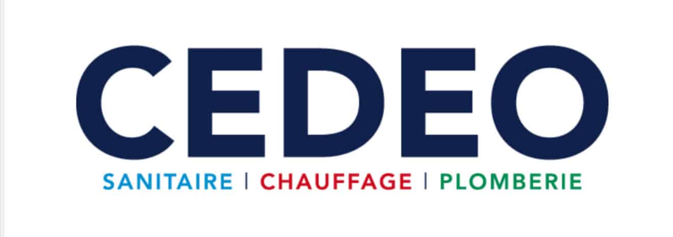 Logo CEDEO bleu foncé avec la mention "SANITAIRE | CHAUFFAGE | PLOMBERIE" en couleurs vives.